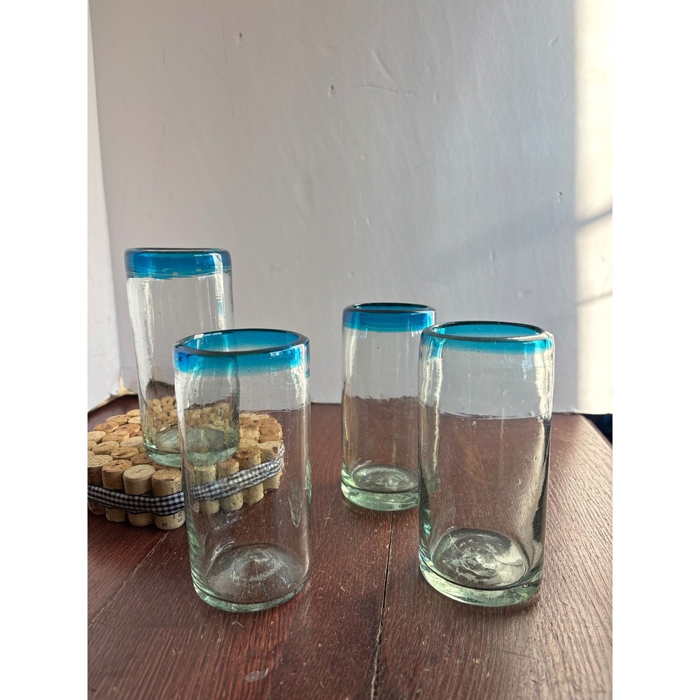Set of 4 Mexican Hand Blown Glass Highball Tumblers Turquoise Blue Rim 5.25"